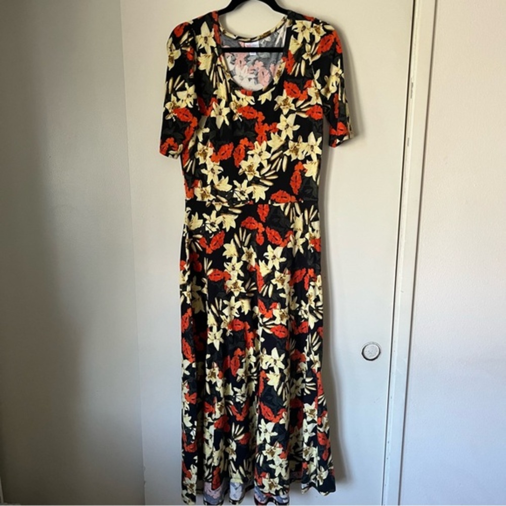 LuLaRoe Ana Maxi Dress‎ Floral Print Fit Flare Short Sleeve Women Size L Black